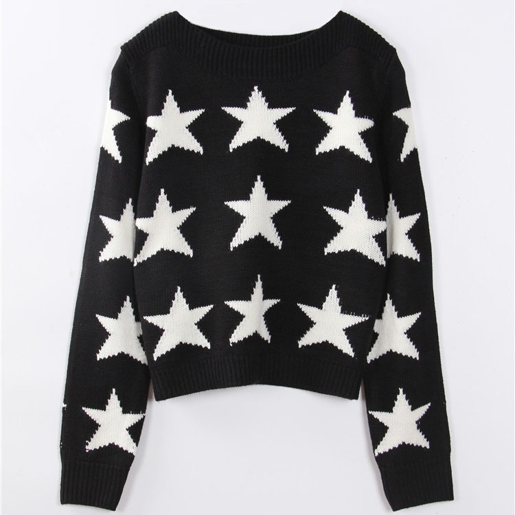 White Star Print Black Knitted Crew Neck Long Cuffed Sleeves Sweater