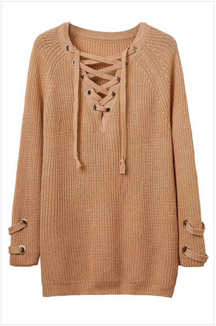 Knit Lace-up Plunge V Long Sleeves Sweater In Khaki