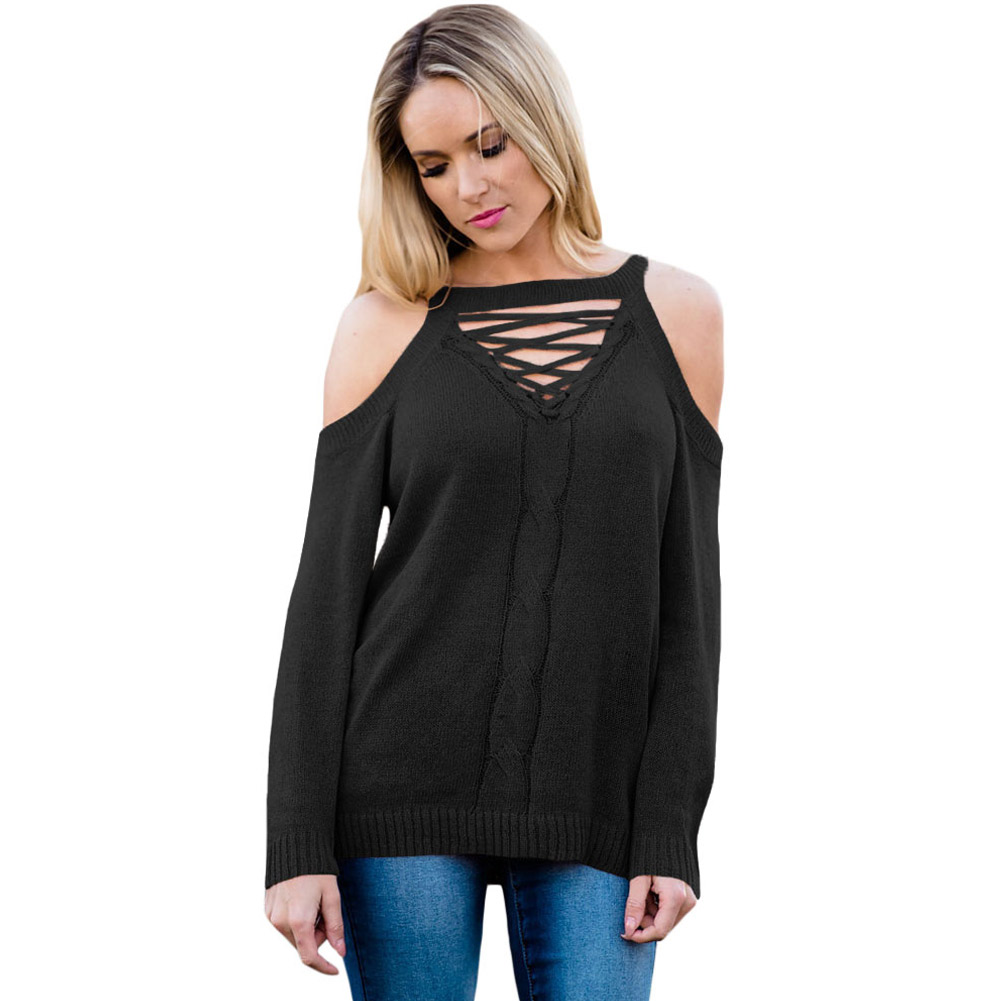 Black Knit Lace-up Plunge V Cold Shoulder Long Cuffed Sleeves Sweater