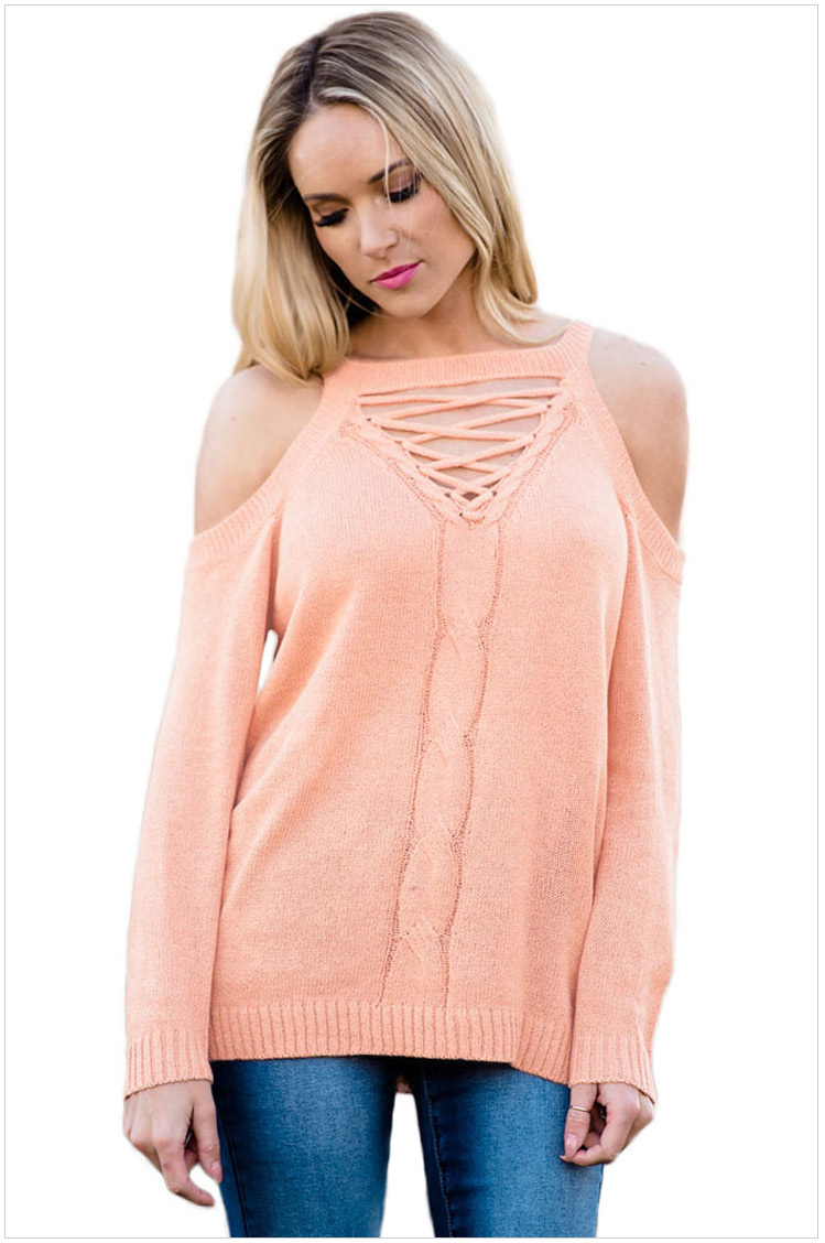 Pink Knit Lace-up Plunge V Cold Shoulder Long Cuffed Sleeves Sweater