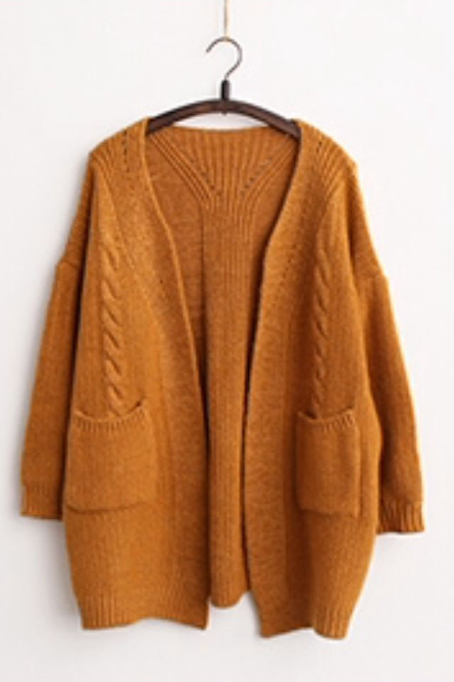 Khaki V Neck Cable Knit Open Front Long Sleeve Cardigan, Sweater