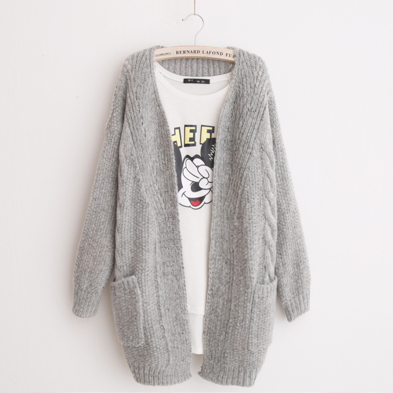 Grey Oversized Knitted Open Front Cardigan Sweater With Pockets