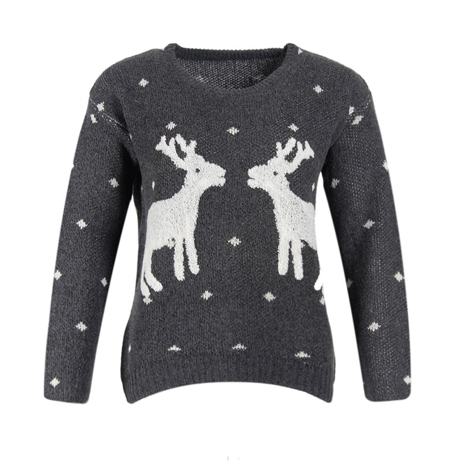 Cute Deers Round Neck Long Sleeve Sweater - Grey