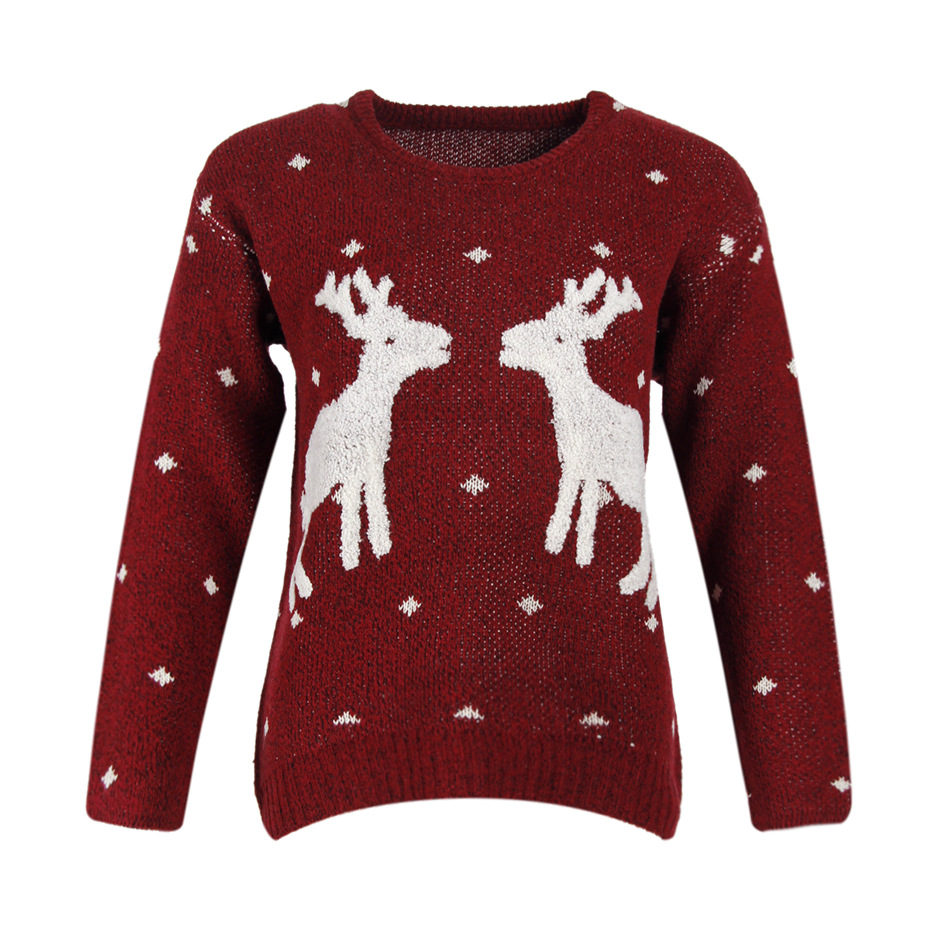 Cute Deers Round Neck Long Sleeve Sweater - Wine Red