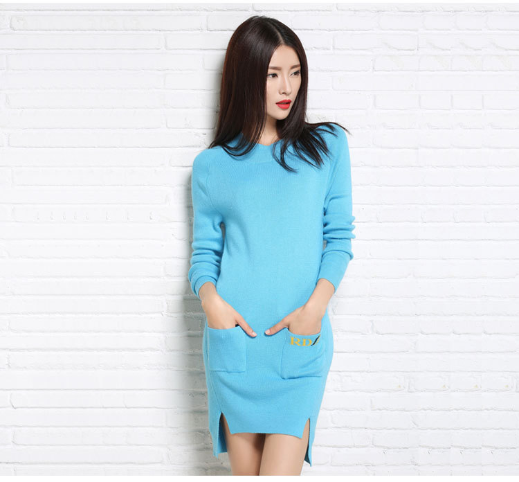 High Quality Fashion And Elegant Round Neck Woman Dress With Pockets - Light Blue