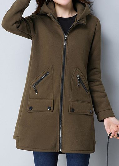 Casual Zipper Up Hooded Collar Pocket Coat - Army Green