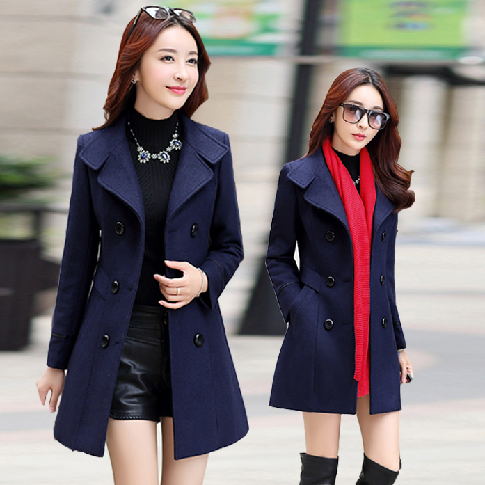 Fashion Turndown Collar Double Breasted Wool Winter Coat - Navy Blue