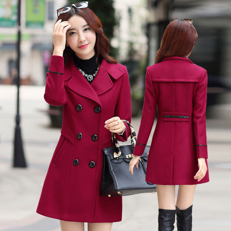 Fashion Turndown Collar Double Breasted Wool Winter Coat - Wine Red