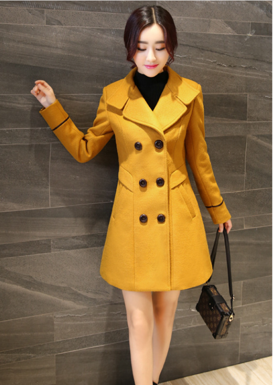 Fashion Turndown Collar Double Breasted Wool Winter Coat - Yellow