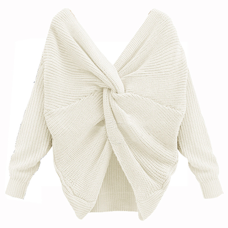 V Neck Irregular Back Long Sleeve Sweater For Women - White
