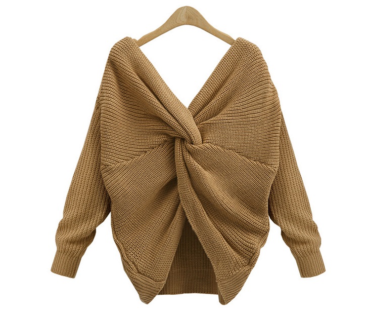 V Neck Irregular Back Long Sleeve Sweater For Women - Khaki