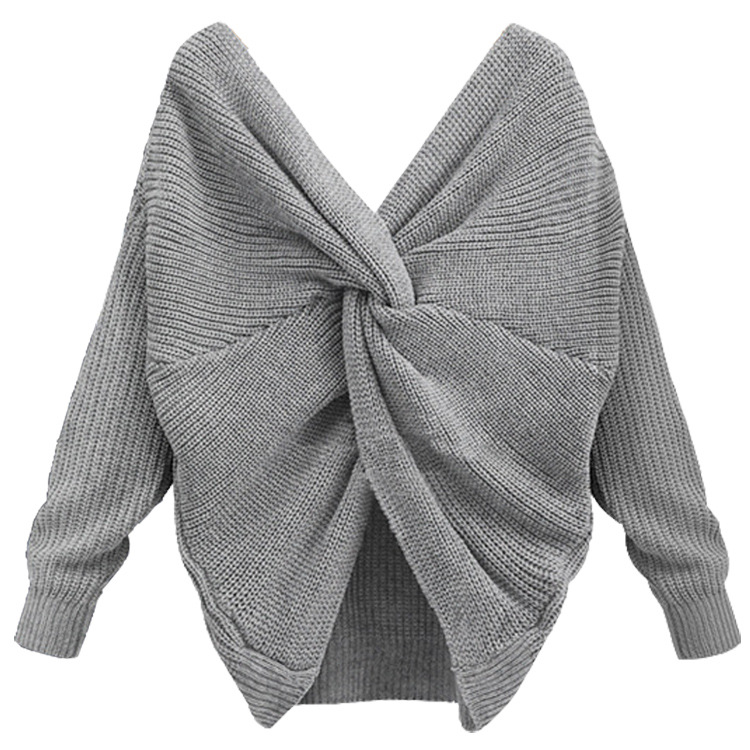 V Neck Irregular Back Long Sleeve Sweater For Women - Grey
