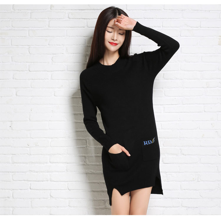 High Quality Fashion And Elegant Round Neck Woman Dress With Pockets - Black