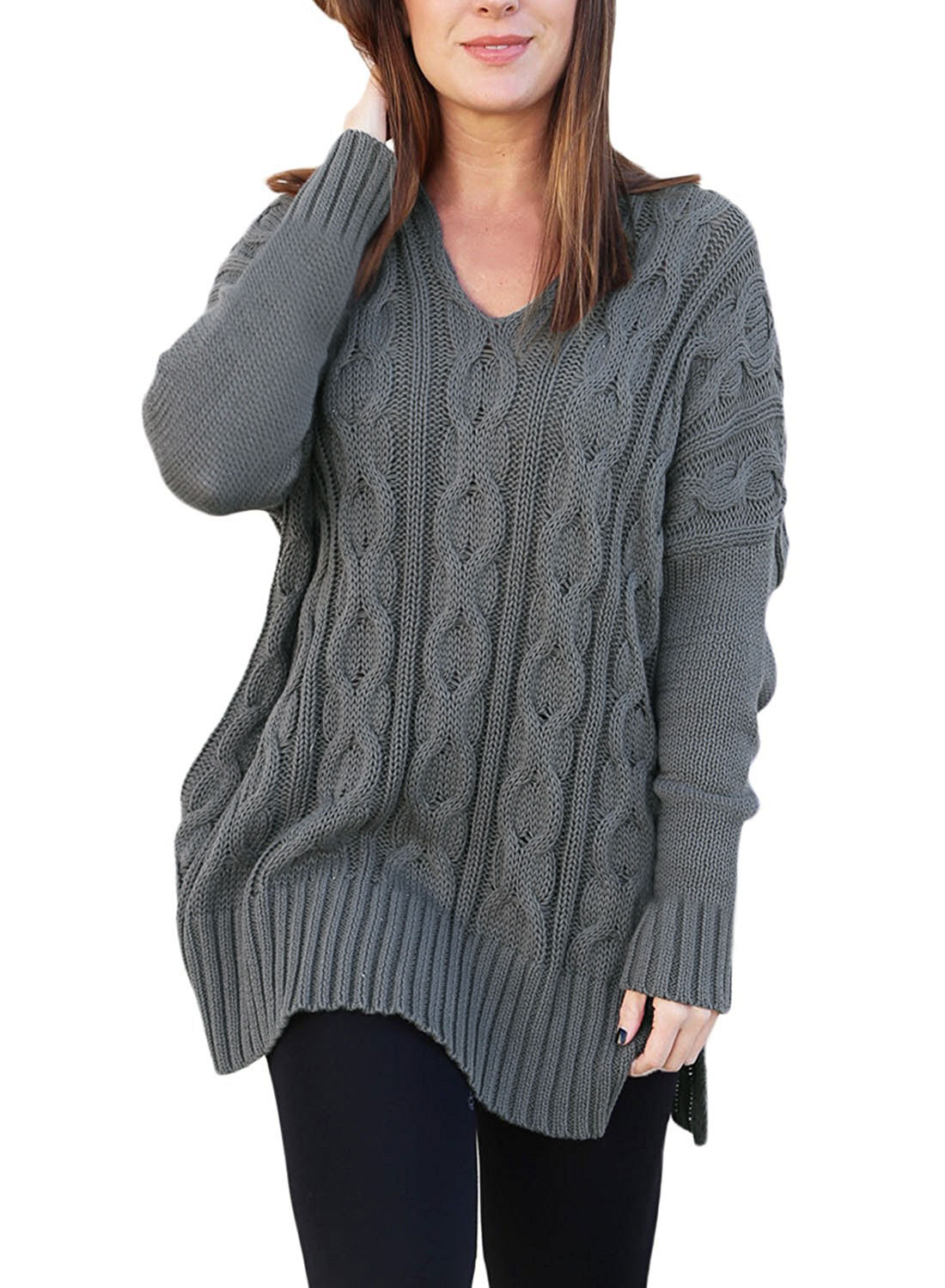 Design Fashion V Neck High Low Pullover Sweater For Women Am114 - Grey