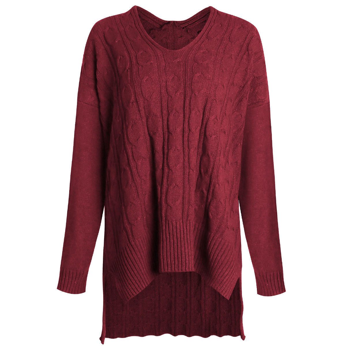 Design Fashion V Neck High Low Pullover Sweater For Women Am114 - Wine Red
