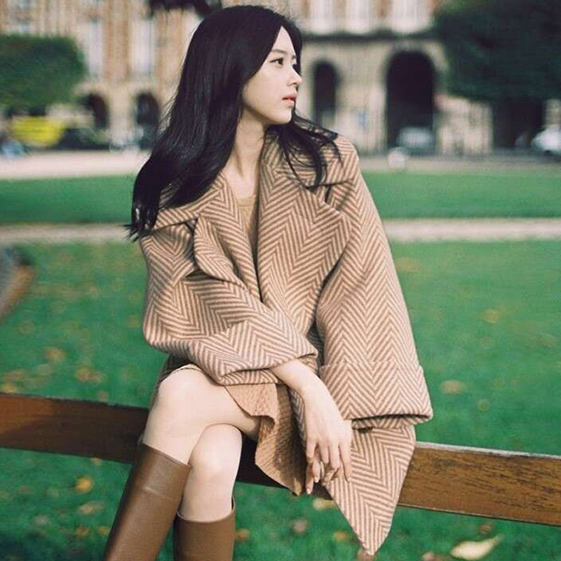 High Quality Design Beige Double Breasted Wool Winter Coat For Women