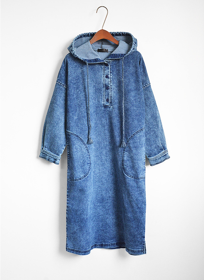 Design Hooded Jeans Dress - Blue