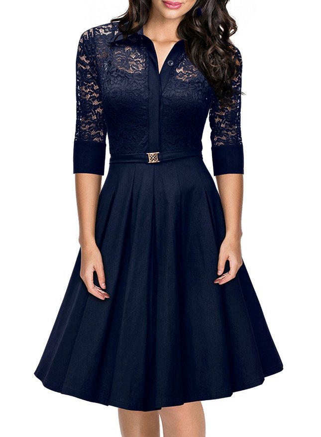 Elegant Lace Career Work Dress Shirt Dress - Navy Blue