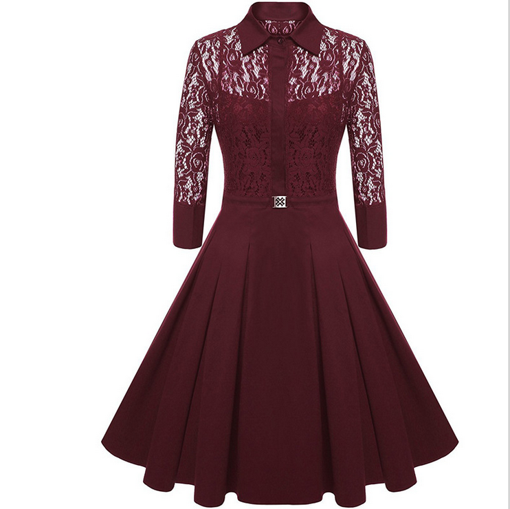 Elegant Lace Career Work Dress Shirt Dress - Wine Red