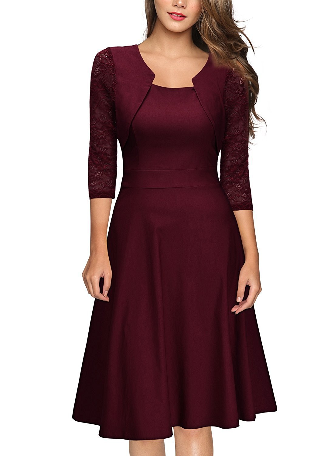High Quality Three Quarter Sleeve Splice Lace Dress - Wine Red