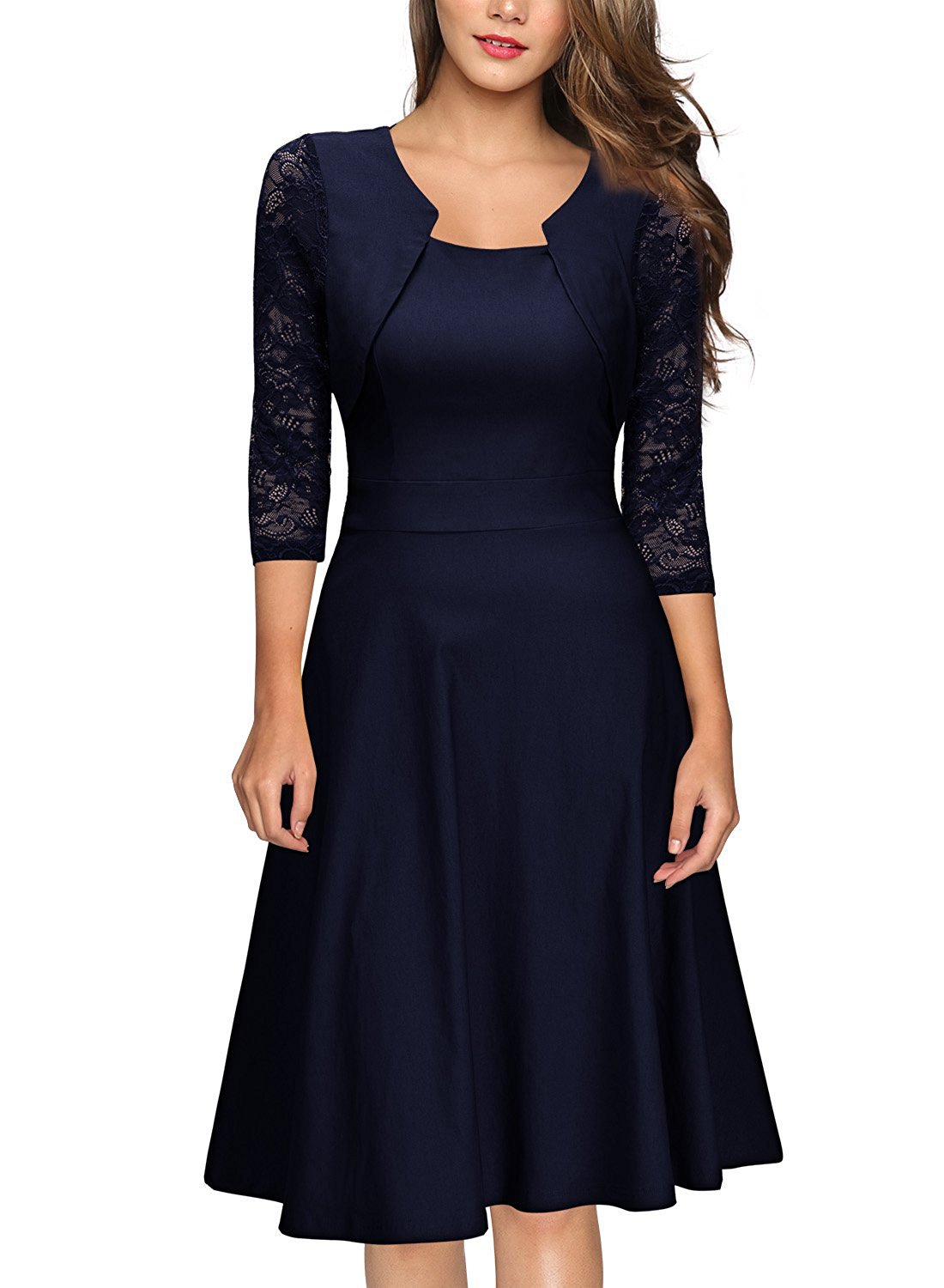 High Quality Three Quarter Sleeve Splice Lace Dress - Black