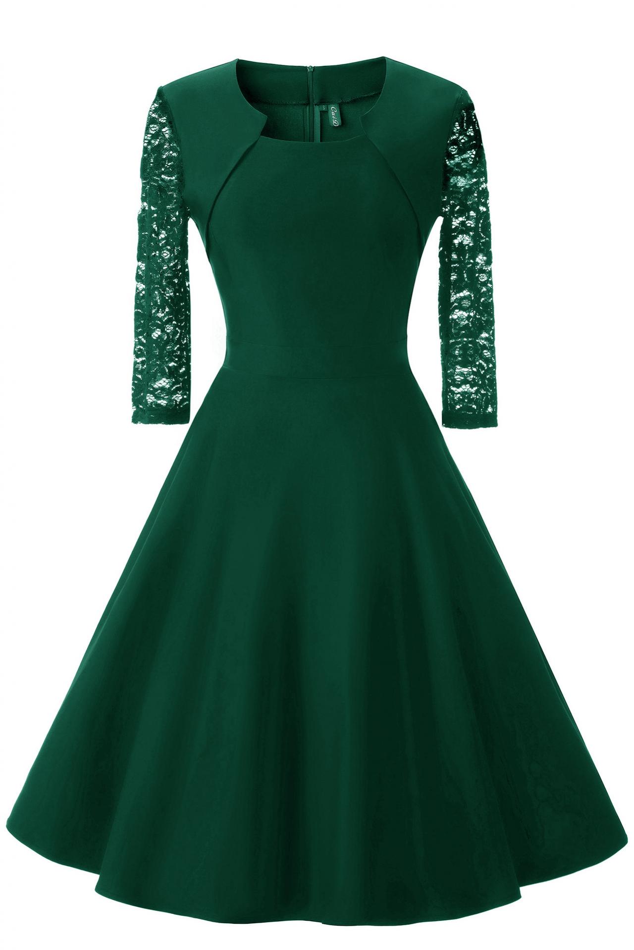 High Quality Three Quarter Sleeve Splice Lace Dress - Green