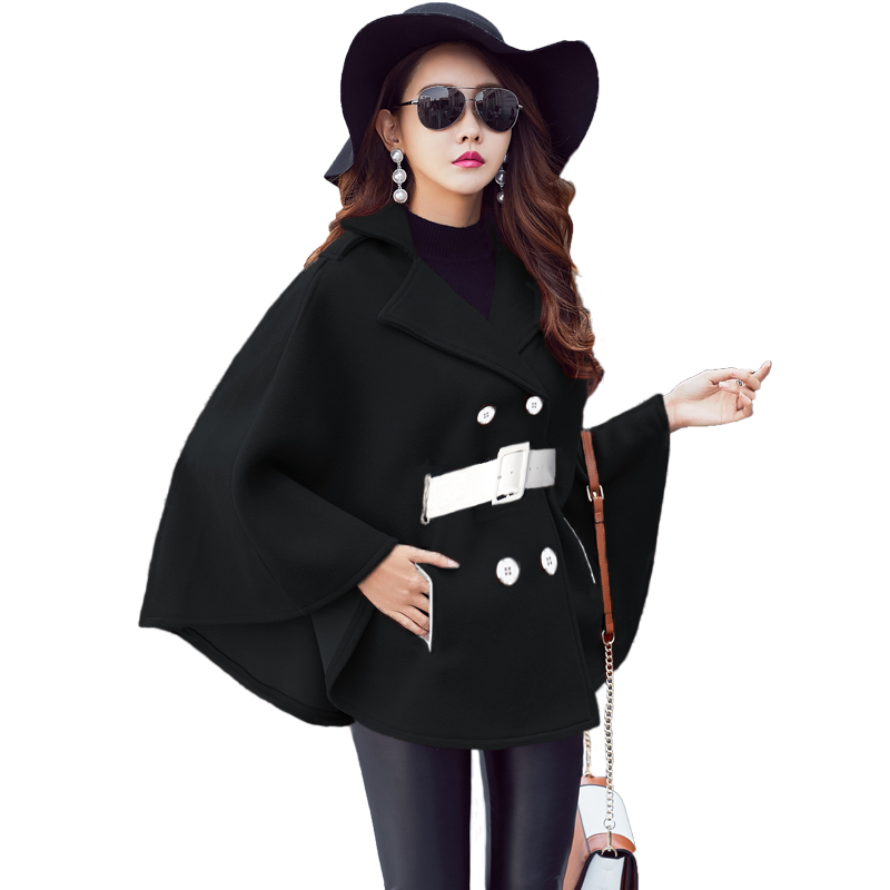 Designer Good Quality Double Breasted Cloak Wool Winter Coats With Belt - Black