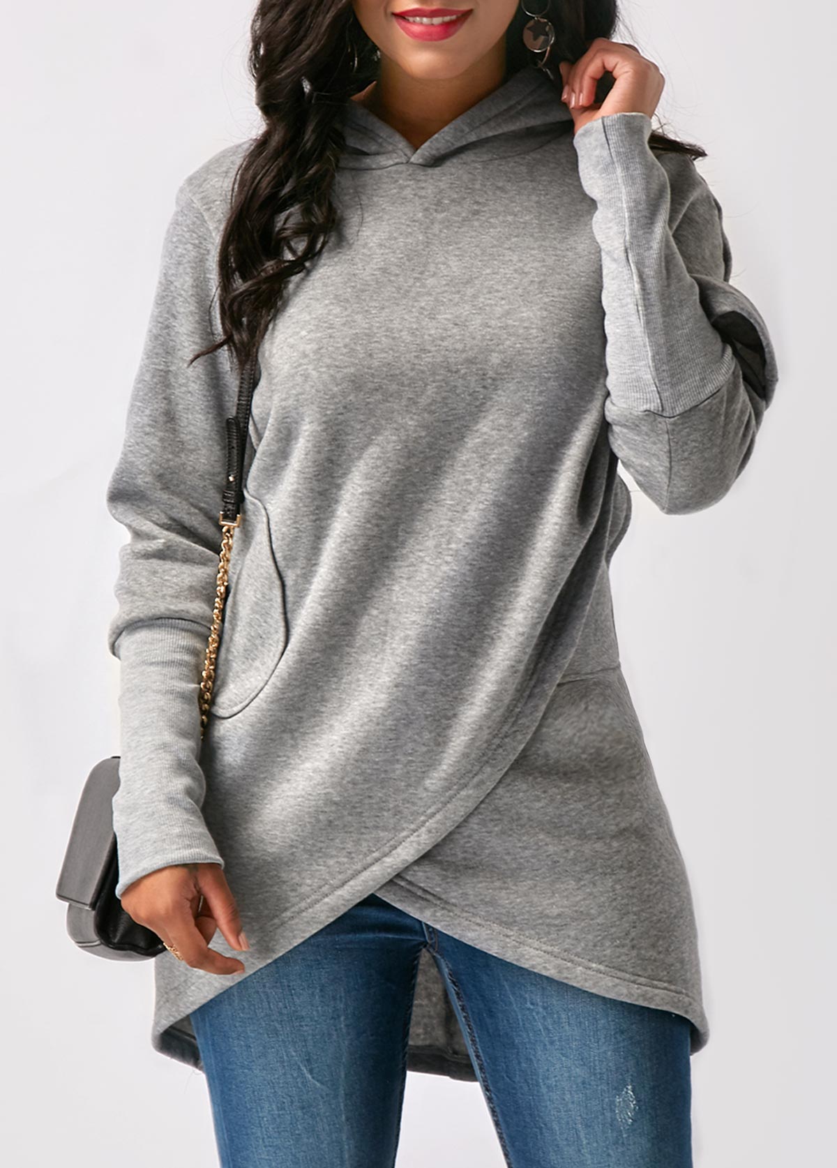 Fashion Asymmetric Hem Long Sleeve Solid Grey Hoodie
