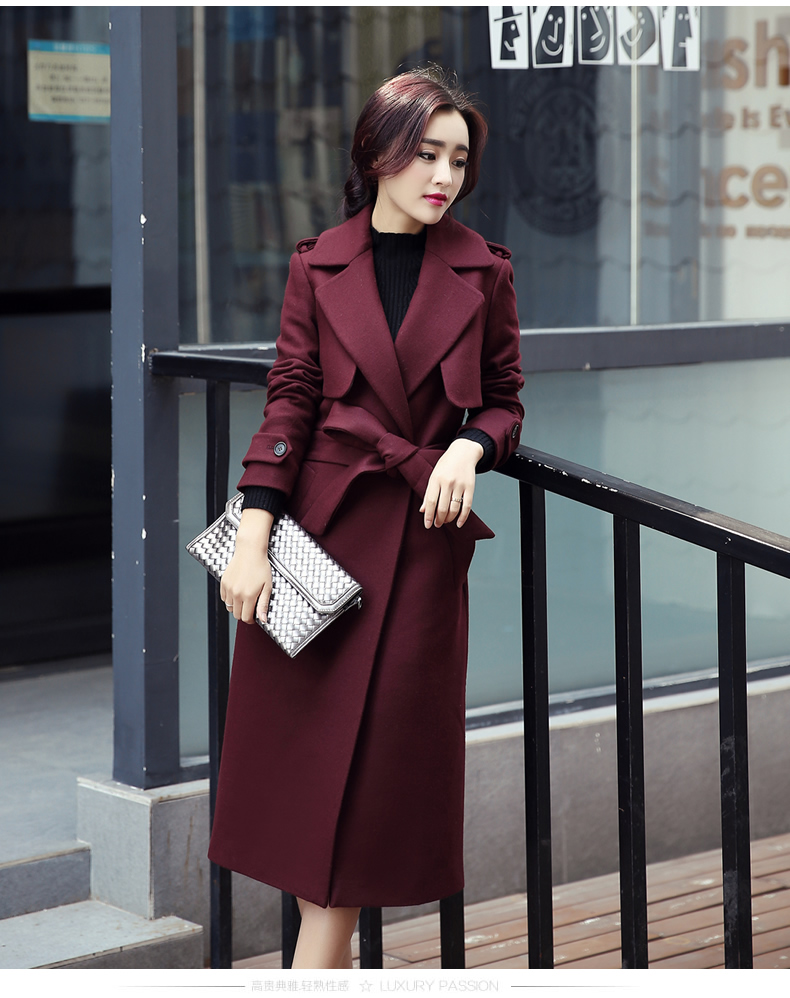 Designer Fashion Long Style Wool Winter Coat - Wine Red