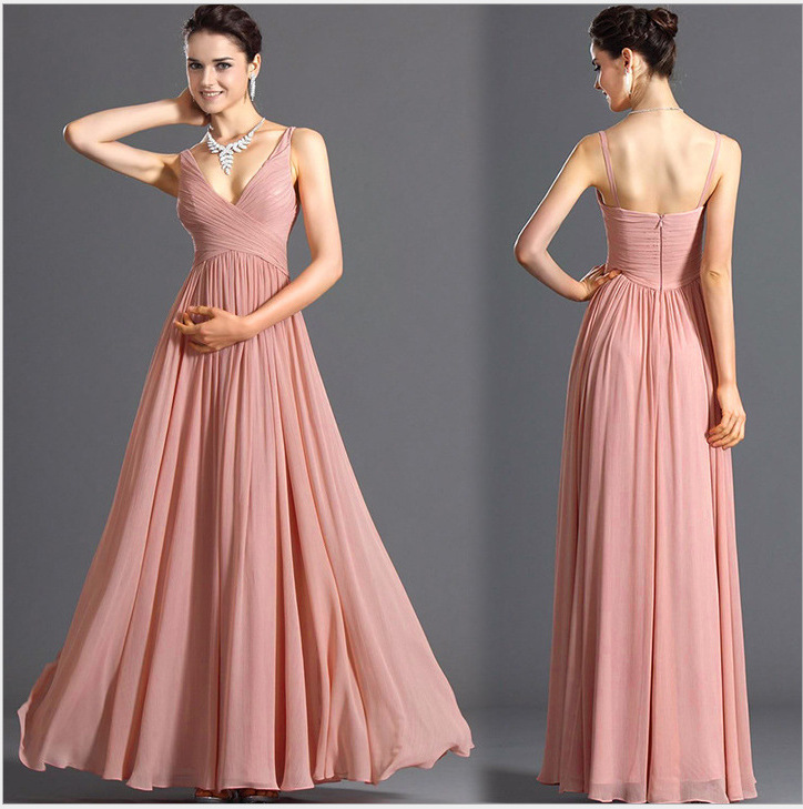 Chiffon Pink V Neck Backless Maxi Evening Dress