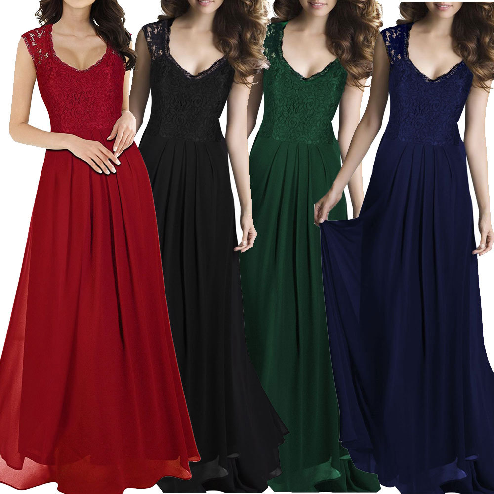 Charming V Neck Hollow Sleeveless Lace Maxi Dress Sy20
