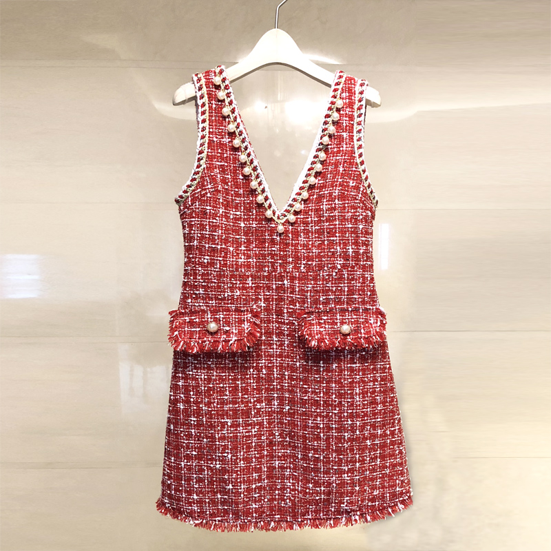 Luxury V Neck Sleeveless A Line Dress For Winter - Red