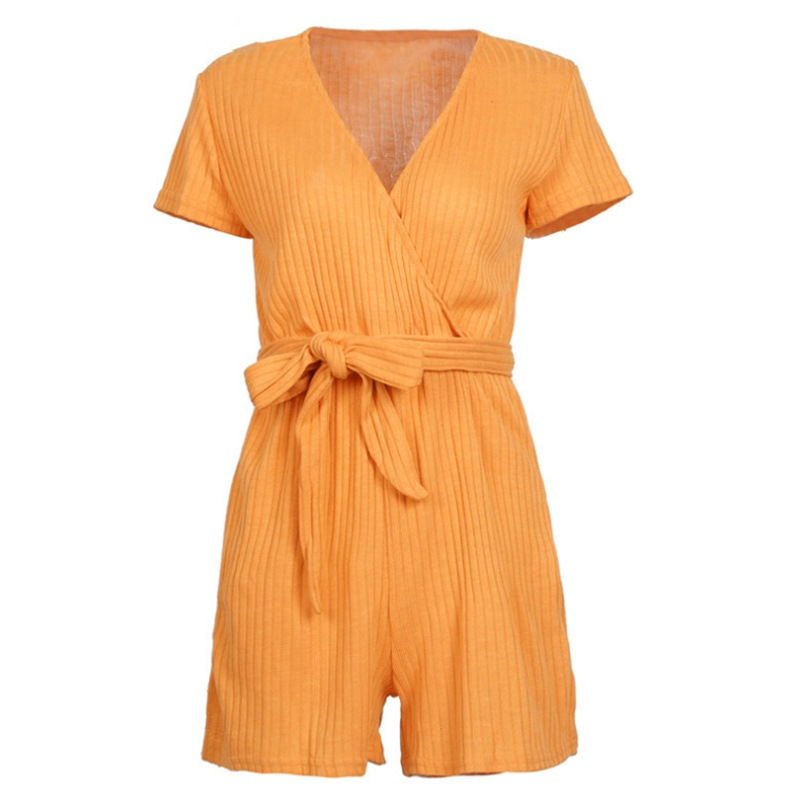 Mustard Yellow Ribbed Plunge V Short Sleeves Romper Featuring Bow Accent Belt