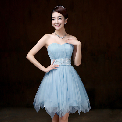 Beautiful Strapless Light Blue Color Beading Prom Dress