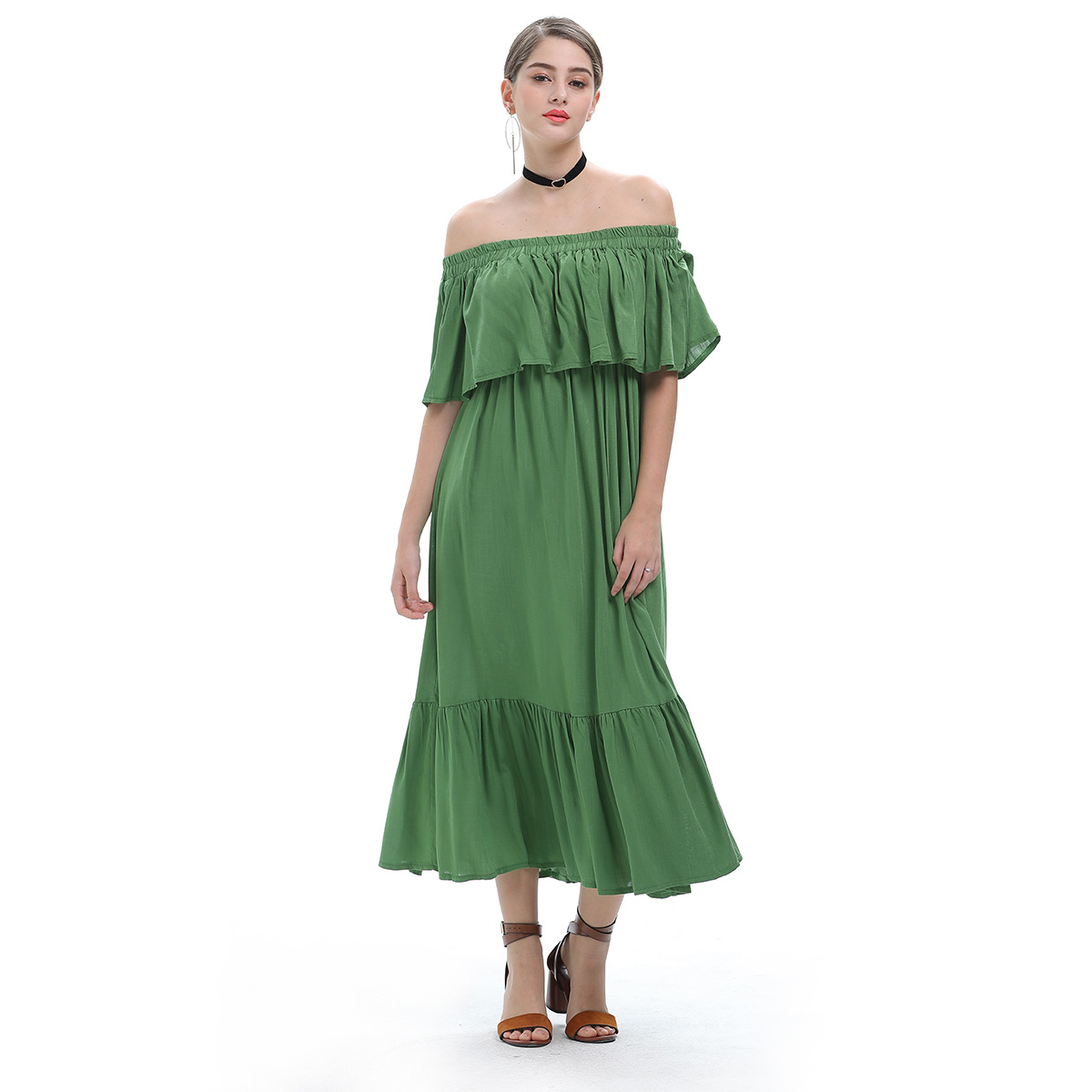 Green Off Shoulder Chiffon Maxi Dress