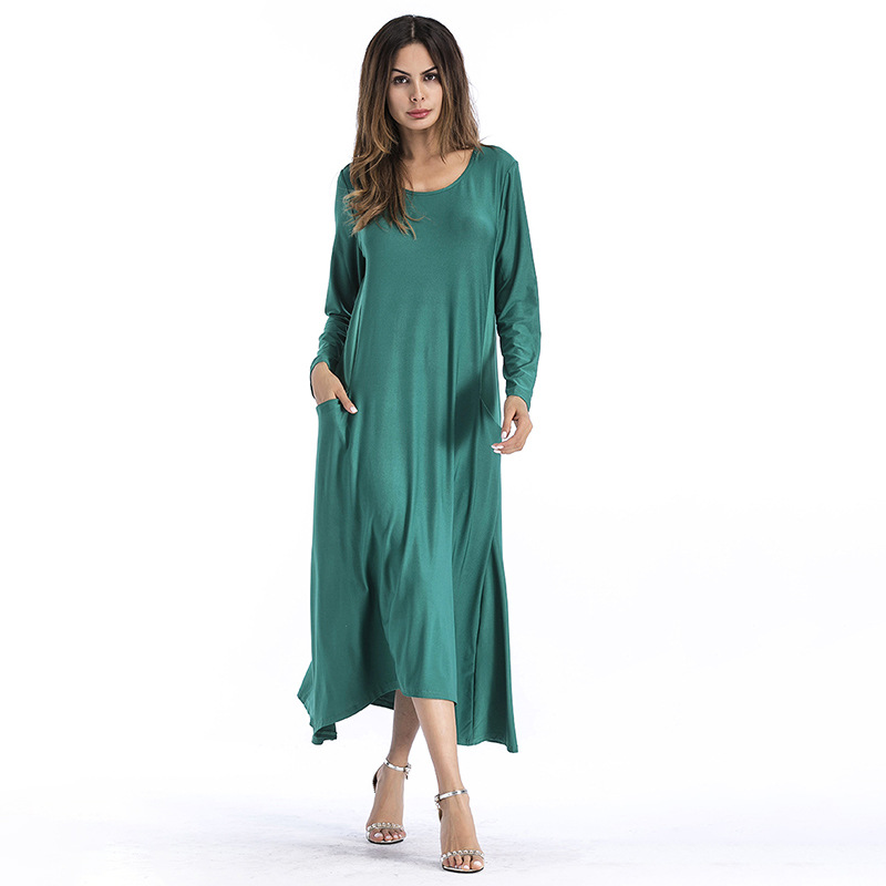 Fashion Solid Color Long Sleeve Maxi Dress - Green