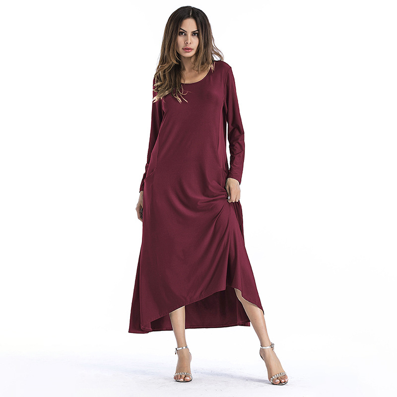 Fashion Solid Color Long Sleeve Maxi Dress - Wine Red