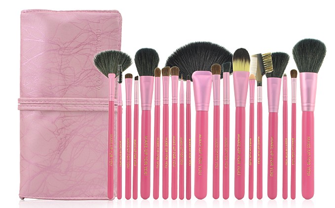 High Quality Goat Hair 20 PCs/set Cosmetic MakeUp Brushes Set With Leather Bag Kit - Pink