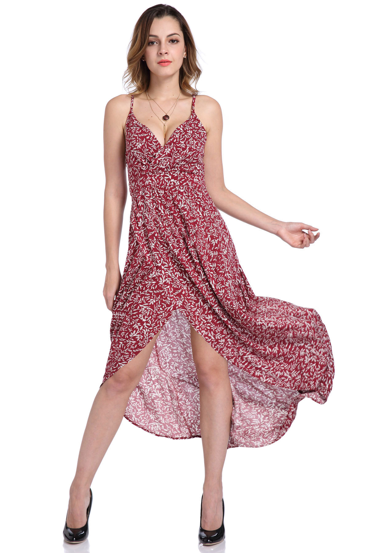 Sleeveless Deep V Neck Floral Printed Maxi Dress - Wine Red
