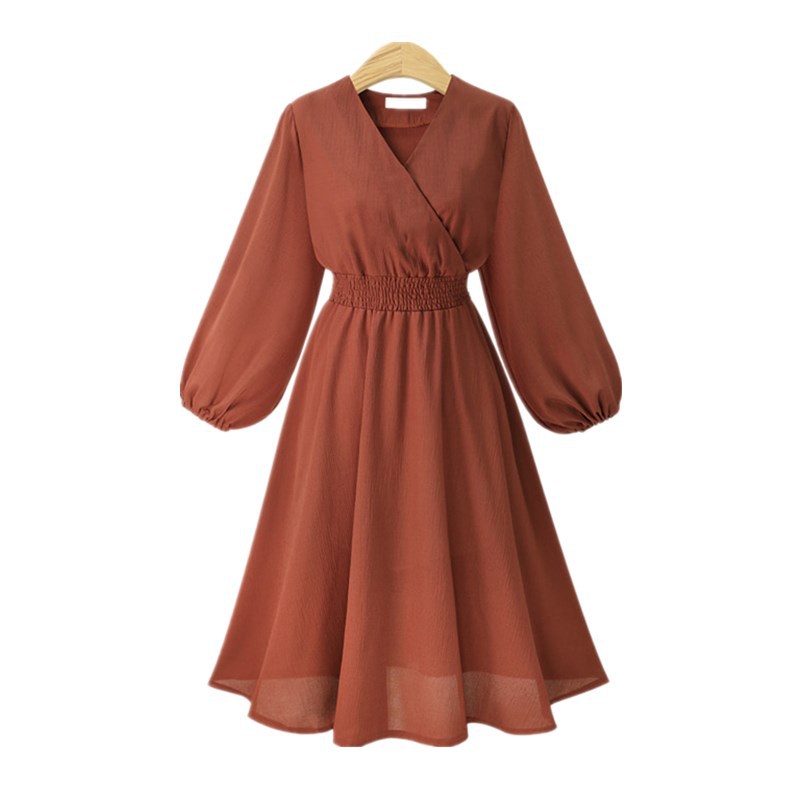 Orange V-neck Chiffon Short Vintage Dress With Long Sleeves