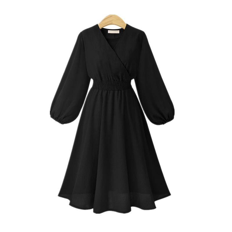 Black V-neck Chiffon Short Vintage Dress With Long Sleeves