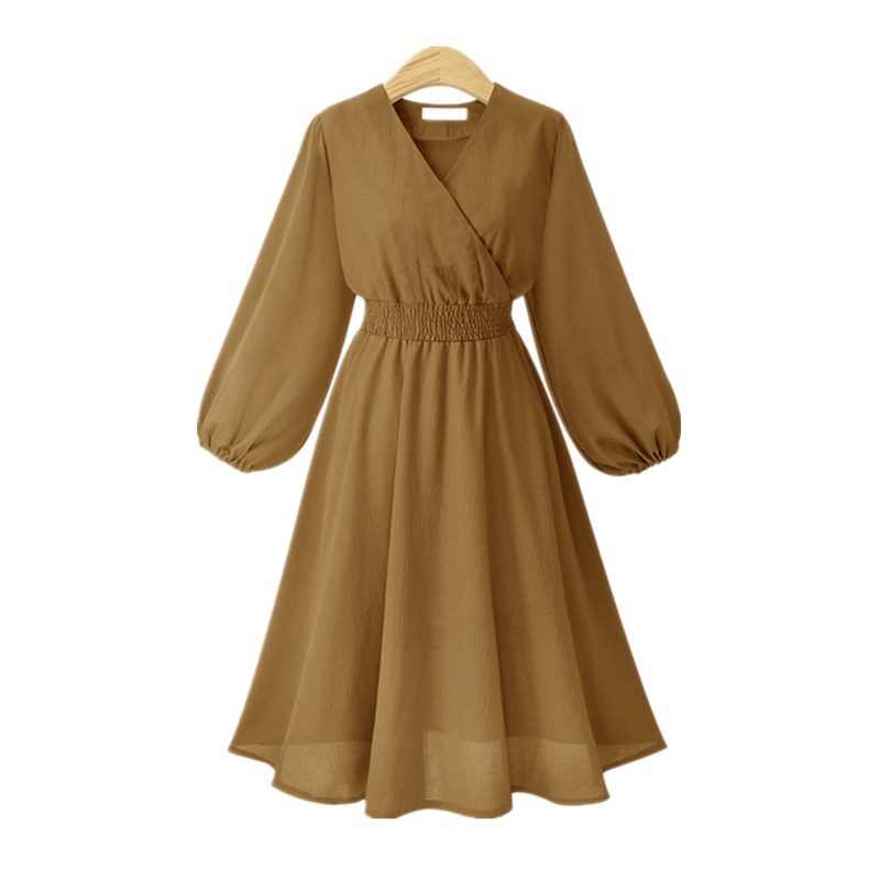 Khaki V-neck Chiffon Short Vintage Dress With Long Sleeves