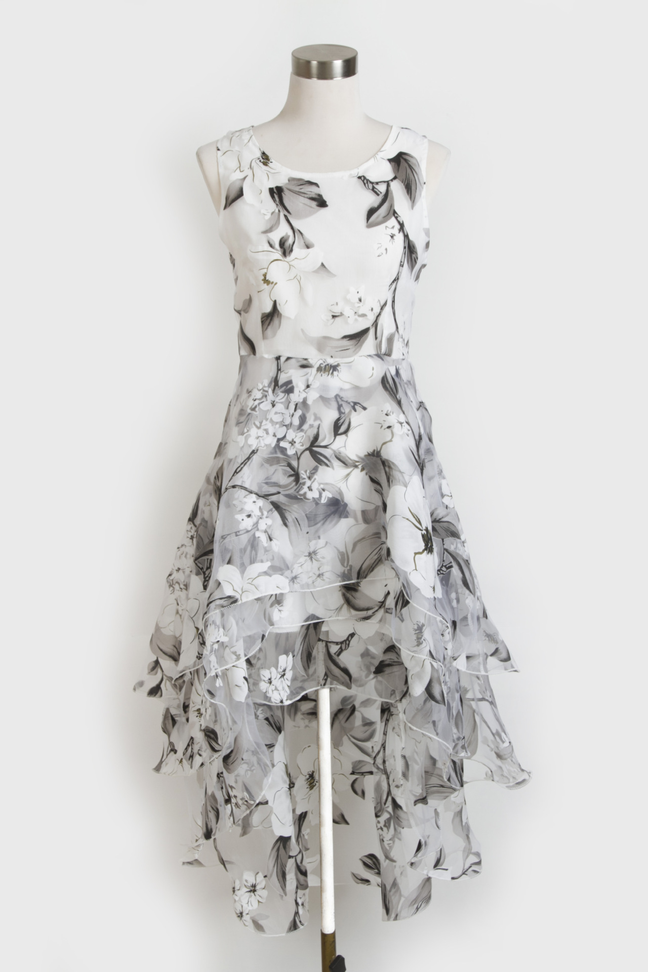 Fashion Irregular Lace And Organza Floral Printed Dress - Grey