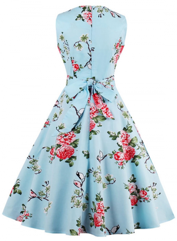 Blue Sleeveless Floral Printed A-Line Midi Dress on Luulla