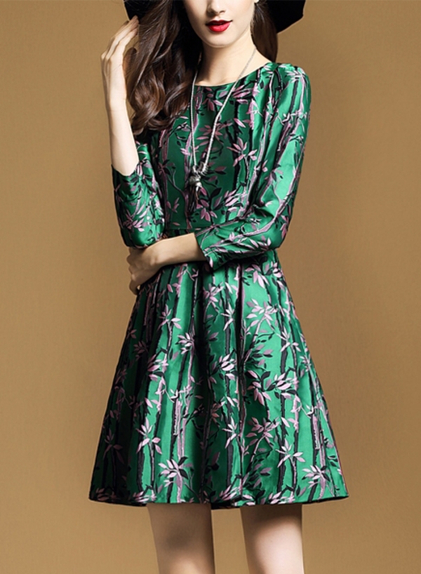 High Quality Fashion Green Round Neck 3/4 Sleeve A-line Floral Dress