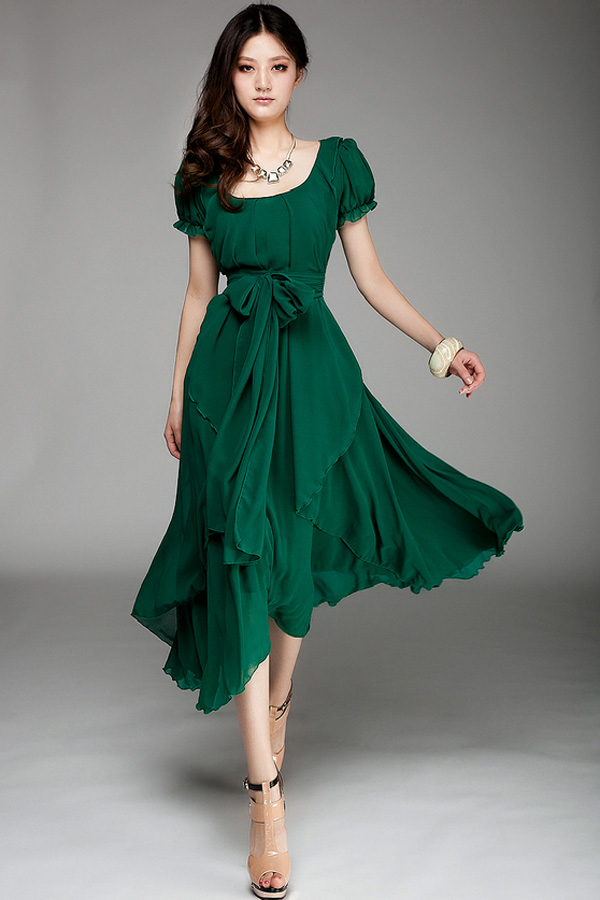 Irregular Hemline Bound Waist Short Sleeve Dress - Green