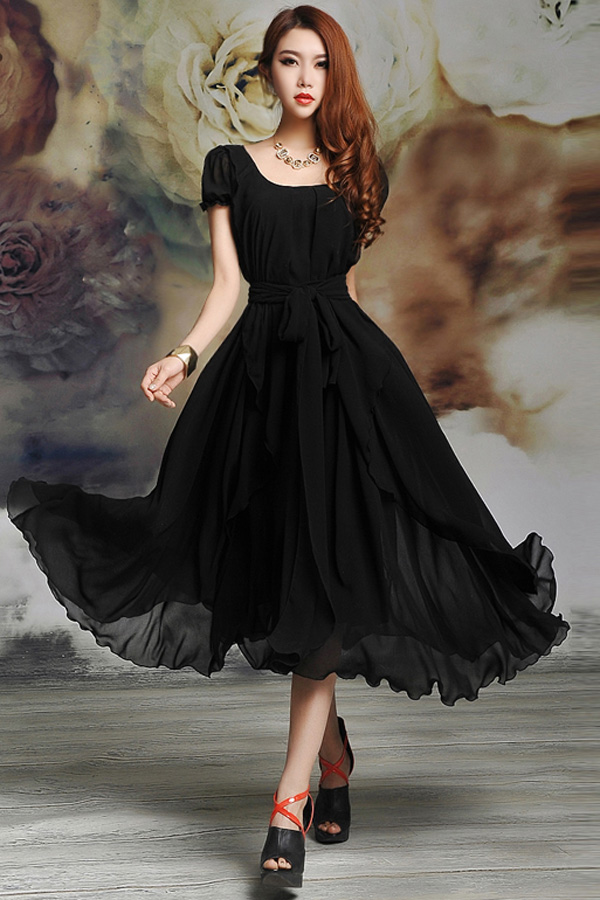 Free Shipping Irregular Hemline Bound Waist Short Sleeve Dress - Black