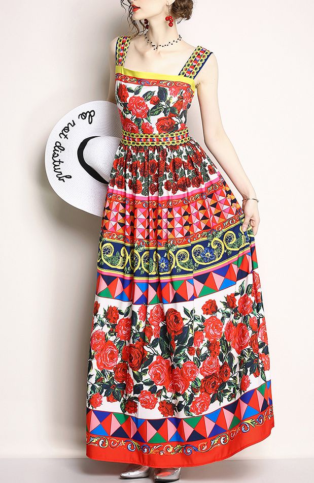  Fashion Strap Printing Drape Dress