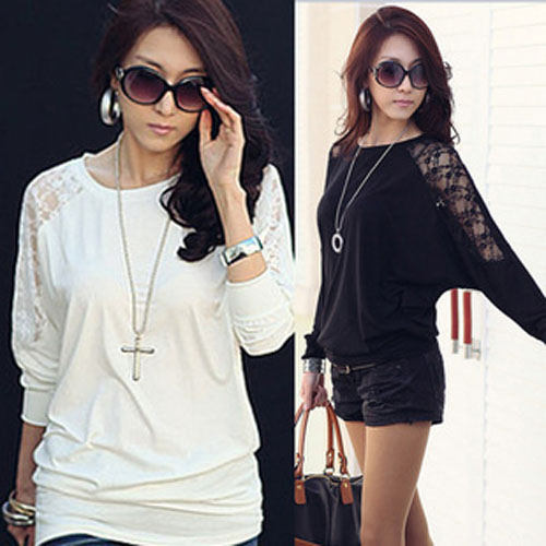 Fashion Women's Loose Batwing Long Sleeve Lace Blouse T-shirt