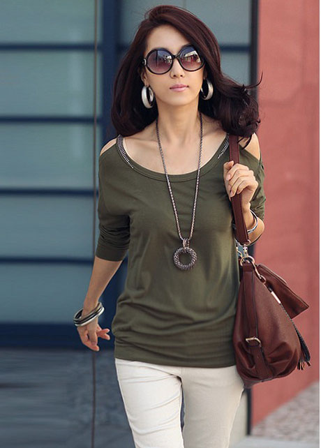 Korean Skinny Long Sleeve Rivets Cotton T-shirt - Arm Green